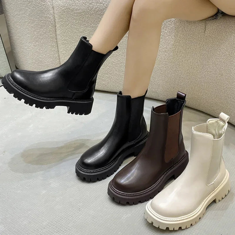 Ankle Boots Autumn Winter Classics Chelsea Boots Women Black Shoes Leather Platform Short Boots Slip on Elastic Band Goth Shoes