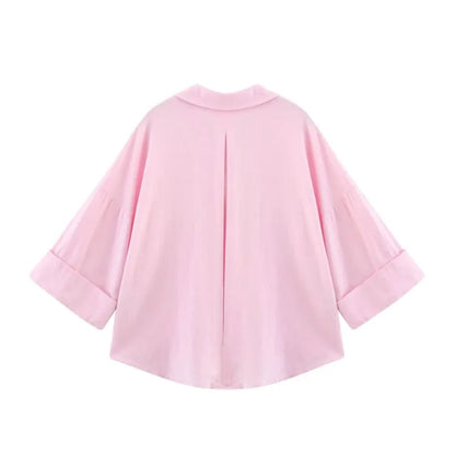 HipSeam Wide Sleeved Shirt Women Spring Asymmetric Hem Button Women's Shirts Simple Lady Johnny Collar Linen Shirts & Blouses
