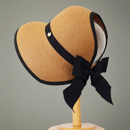 Women's Handmade Summer Sun Hat, Big Black Bow, Large Eaves Beach Straw, Nature Cap, Temperament Flat Collapsible Hat
