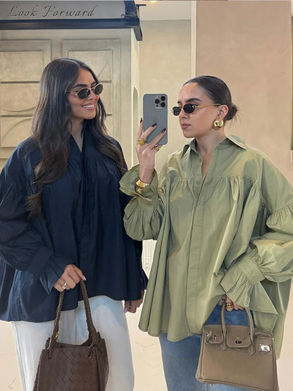 Casual Shirts Women Loose Lantern Sleeve Buttons Turn-Down Collar Pleated Blouse Lady Spring Summer Green Shirts Woman All-match