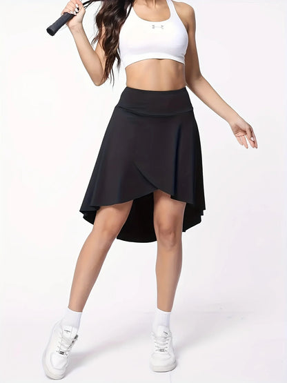Falda corta de deportes largos de cintura alta para mujeres con pantalones cortos, dobladillo asimétrico, hendidura lateral y bolsillos