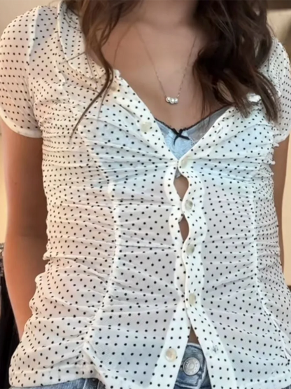 Women Short Sleeve Shirts Dot Print Doll Collar Button Down Blouses Summer Casual Tops Streetwear