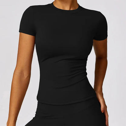 Kvinnors sport T -shirt Sommar kort ärm Runda nacke andas andas stretchig gym yoga smal fitness aktiv topp tee