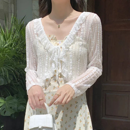 Donne Summer Sun Protection Coat in pizzo con arco con ardollo cardigan camicetta femmina per donna coperte brusa bianca y2k camicia coreana