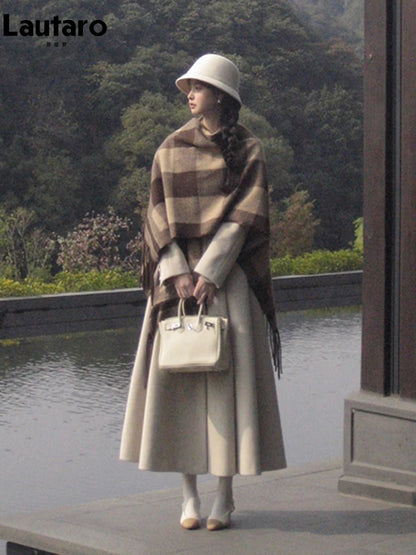 Lautaro Winter Long Wool & blends Coat for Women Chic Luxury Elegant High Quality Womans Clothing Skirted Woolen Overcoat 2024