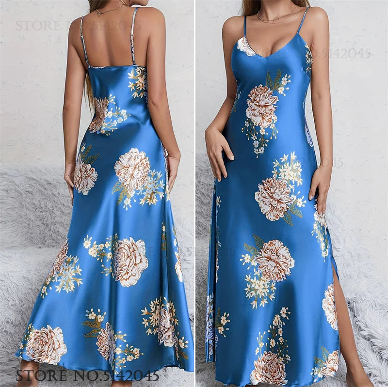Women Long Nightgown Chemise Sleepwear Print Flower Suspender Nightdress Intimate Lingerie Summer Silk Satin Homewear Loungewear