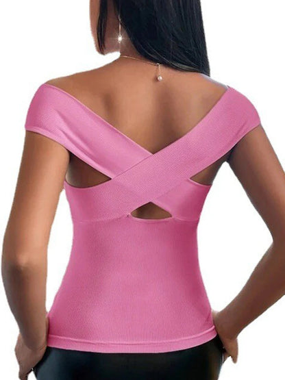 One-shoulder solid color sleeveless sexy cross-ribbed top backless knitted T-shirt for women