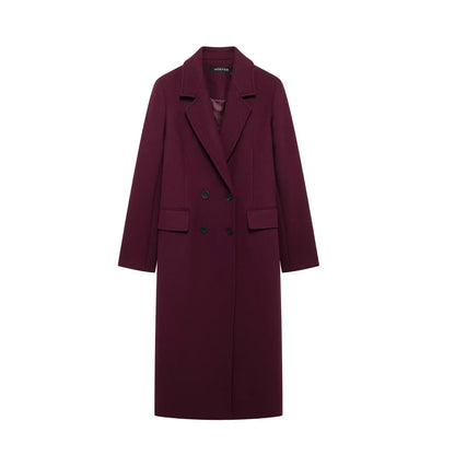 Trafza Women Fashion Burgundy Wełniany płaszcz podwójnie piersi Long Mieszanie Lapel Kurtka Jumn Winter High Street Onymiza