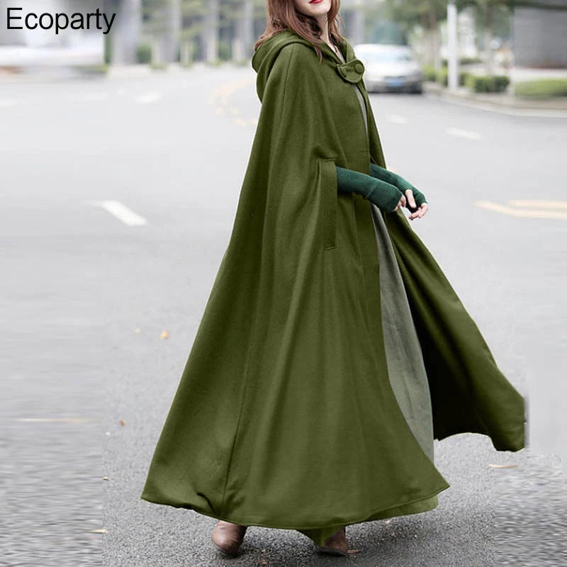 Women Long Cape Cloak Stylish Hooded Wool Blend Cloak Coat Ladies Autumn Hoodies Poncho Warm Cosplay Jackets Outwear Windbreaker