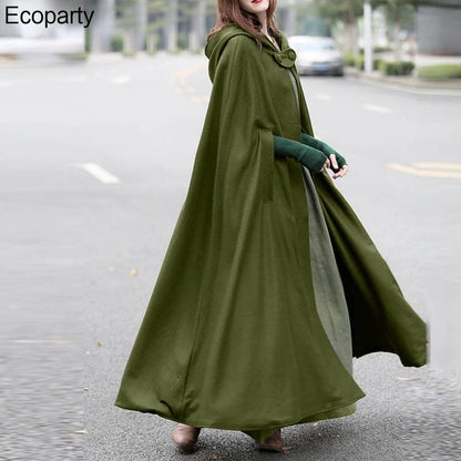 Women Long Cape Cloak Stylish Hooded Wool Blend Cloak Coat Ladies Autumn Hoodies Poncho Warm Cosplay Jackets Outwear Windbreaker