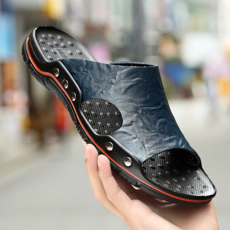 Zomer mannen slippers echt lederen ademende klompen sandalen strand klassiekers lederen glijbanen buiten slippers plus size heren schoen