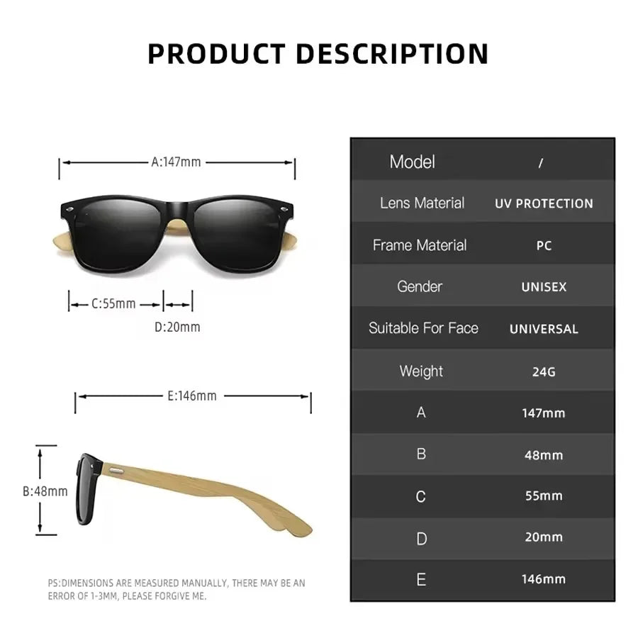 Bamboo bois vintage carré de lunettes de soleil polarisées masculin