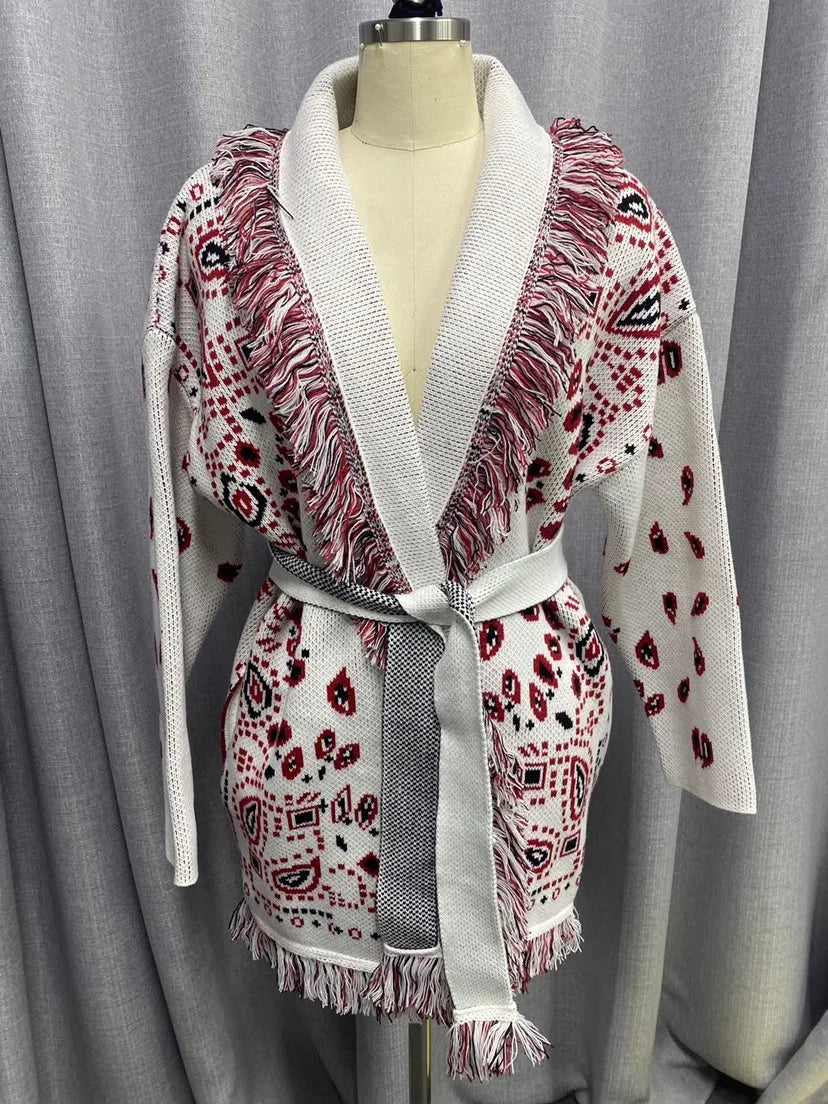 Boho Inspired Women's elegant Belt cashmere cardigan women High quality Wool Tassels jacquard grey knit cardigan long oversized