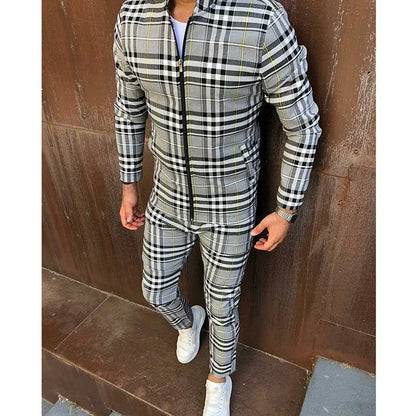 2025 Herbst Herum Männer Tracksuit 2pc Set Plaid Zipper Sweatshirt Jacke Langes Hosen Freigelegte Fitnessstudio Running Jogging Outfit Fleece Sportswear