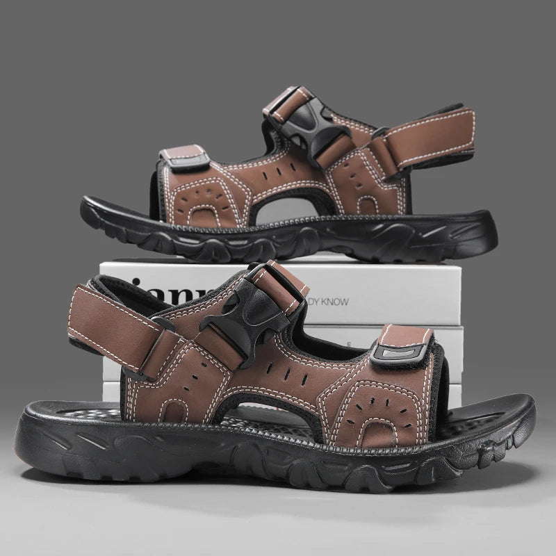Summer Men Sandals PU Leather Lightweight Open Toe Flat Mens Casual Shoes Outdoor Walking Sandals for Men Beach Shoes Size 39-46