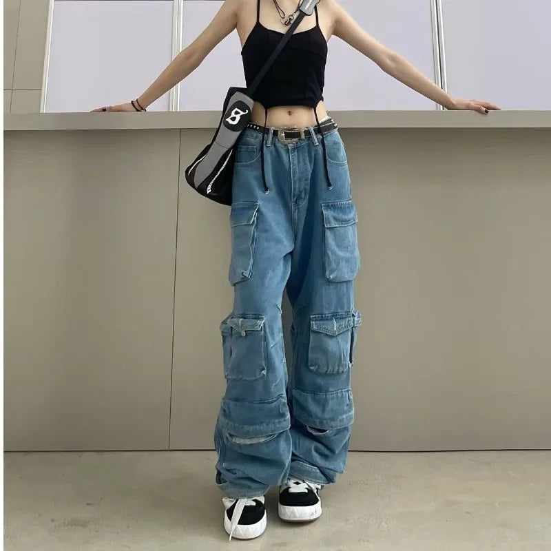 Trendowa dżinsowa odzież robocza | Street Style Black & Grey Multi-Pieszeńskie dżinsy | American Casual High Pary Funkcjonalny projekt