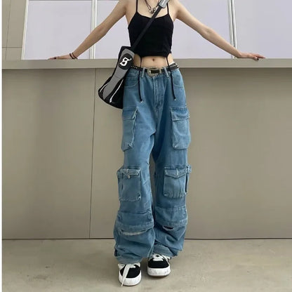 Trendowa dżinsowa odzież robocza | Street Style Black & Grey Multi-Pieszeńskie dżinsy | American Casual High Pary Funkcjonalny projekt