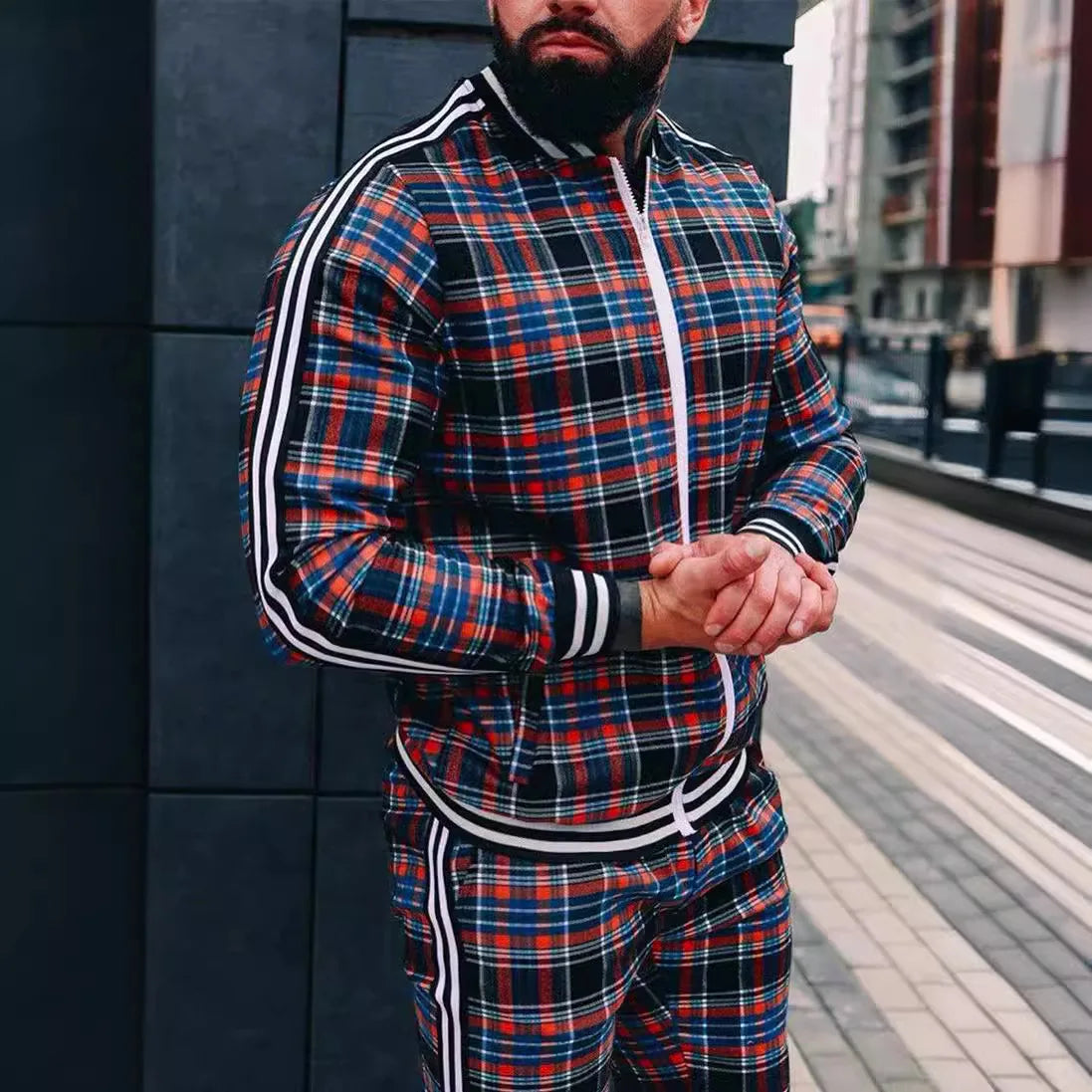 2025 Herbst Herum Männer Tracksuit 2pc Set Plaid Zipper Sweatshirt Jacke Langes Hosen Freigelegte Fitnessstudio Running Jogging Outfit Fleece Sportswear