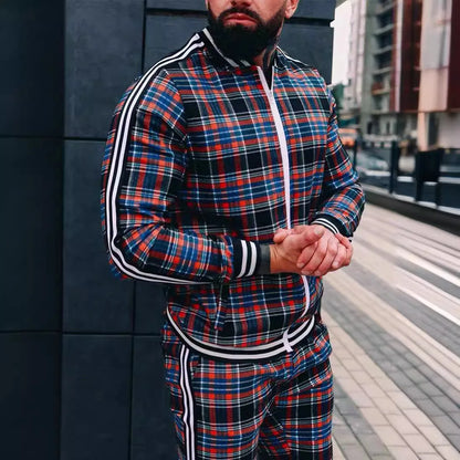 2025 Herbst Herum Männer Tracksuit 2pc Set Plaid Zipper Sweatshirt Jacke Langes Hosen Freigelegte Fitnessstudio Running Jogging Outfit Fleece Sportswear