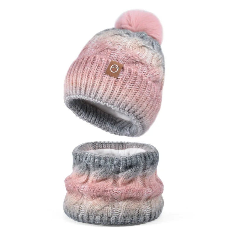 2pc/Set Winter Warm Ear Protecting Knitted Cap Scarf Fleece Thickened Gradient Color Knitted Woolen Cap Pom Ball Pullover Cap