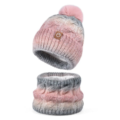 2pc/Set Winter Warm Ear Protecting Knitted Cap Scarf Fleece Thickened Gradient Color Knitted Woolen Cap Pom Ball Pullover Cap