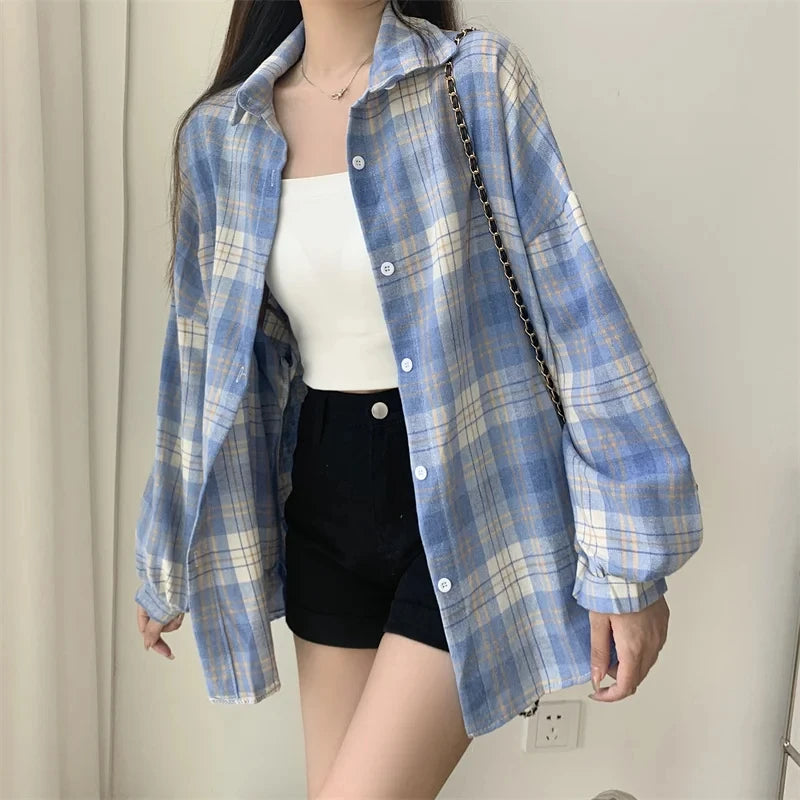 Koszula w kratę Kobiety jesienne długie rękawie Top żeńska moda moda pojedyncza piersi panie w stylu Preppy Style luźne koszule