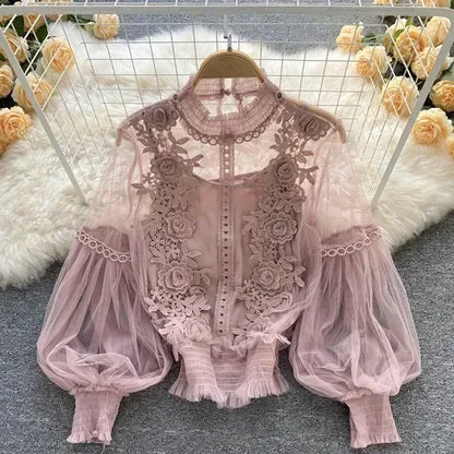 Čipka puff dugi rukavi bluza vintage modne bluze elegantne femme blusas korejske žene vrhovi žene majice odjeća Dropshipping