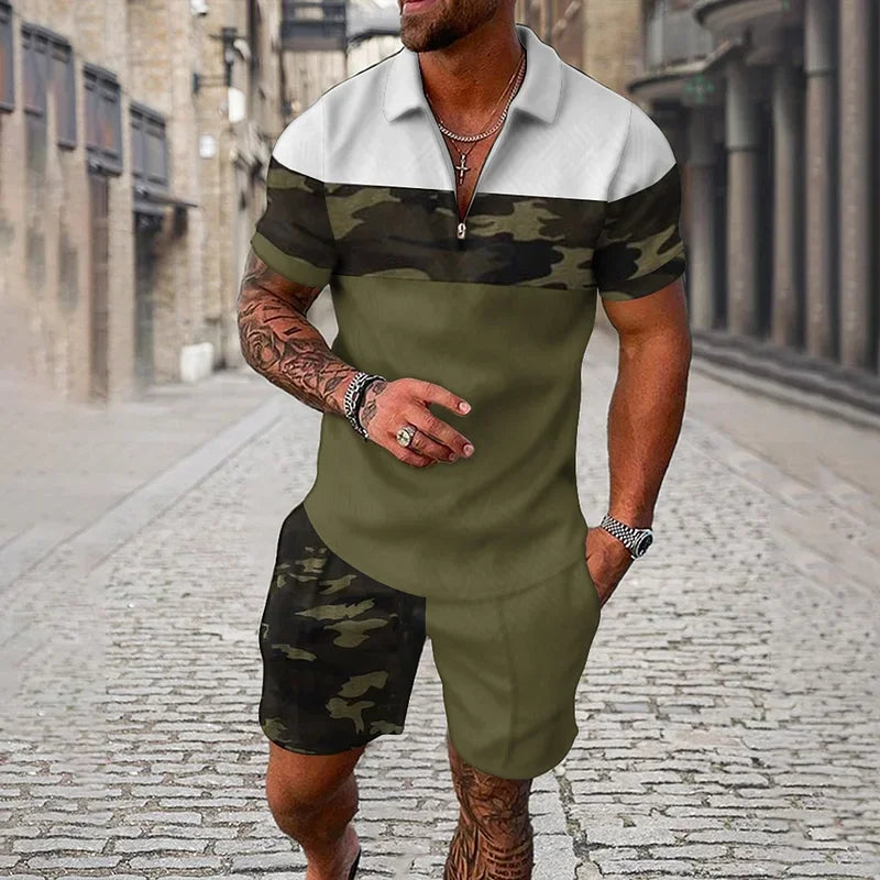 3D Print Nationality Style Men's Short Sleeve Sets Fashion Tee Shorts 2 Piece Outfit Casual Zipper Polo Shirts Summer Loose Suit