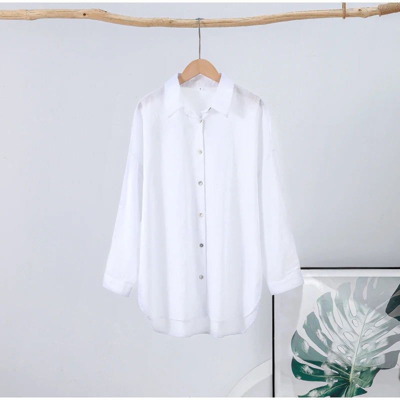 Fashion Loose Women's Shirts Long Sleeve Lapel Oversize Female Blouses 2025 Spring Summer Elegant Pink Cotton Linen Lady Shirts
