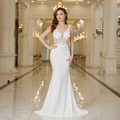 MissHow Elegant Straps White Mermaid Brudekjoler blonder Pearls Backless V Neck ermeløs formelle festkjoler Vestido Marriee