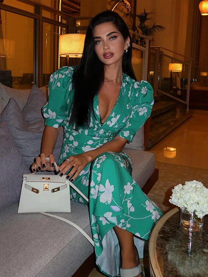 Chic Print Deep V-Sheck MIDI Dress Women Pleat Puff Smeeve High Pas Party šaty 2025 Letní podzimní svátky nové dámy roucho