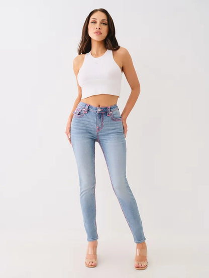 Sexig retro Buddha broderad låg stigning jeans kvinnor skinny jeans fashionabla flare jean casual tvättade byxor svettkläder denim byxa
