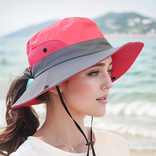 Women's Dual-Tone Sun Hat with Ponytail Hole - Breathable Mesh Waterproof Wide Brim for Beach & Fishing for Spring, Summer