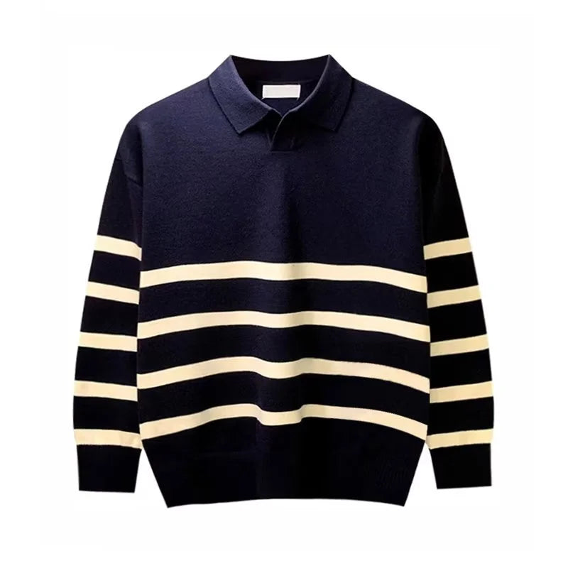 Efterår enkel lapel stribet sweater til mænd afslappet vintage koreansk mode strikstøj top ny y2k løs strikket pullover jumper