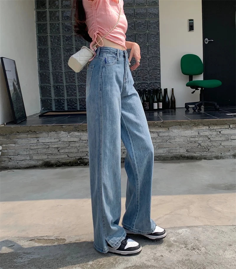 High Waist Wide Leg Straight Jeans Women's Summer 2023 New Loose Fit Design Sensation Small ence Split Floor-Length Pants