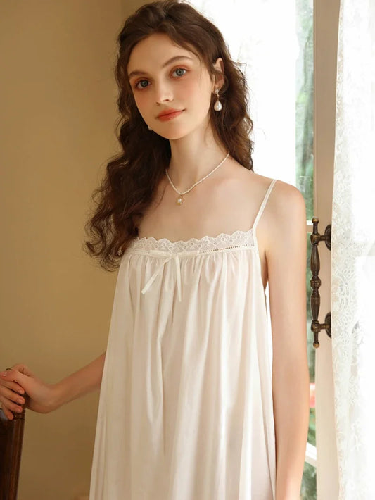 Female Summer Victorian Nightgowns Ruffles Cotton Lace Sleeveless Nightdress Women Sweet Vintage Princess Sexy Loose Sleepwear