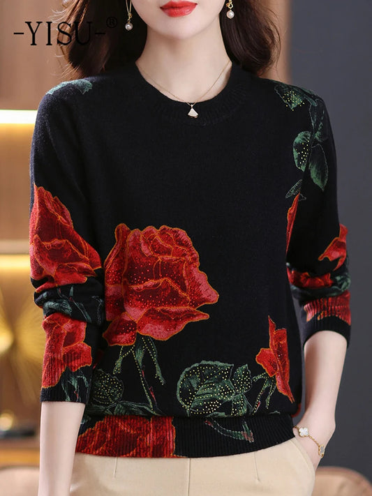 YISU Fashion Women Sweater O-Neck Knitted pullove long sleeves Female Casual Loose soft Rose printing Women clothing