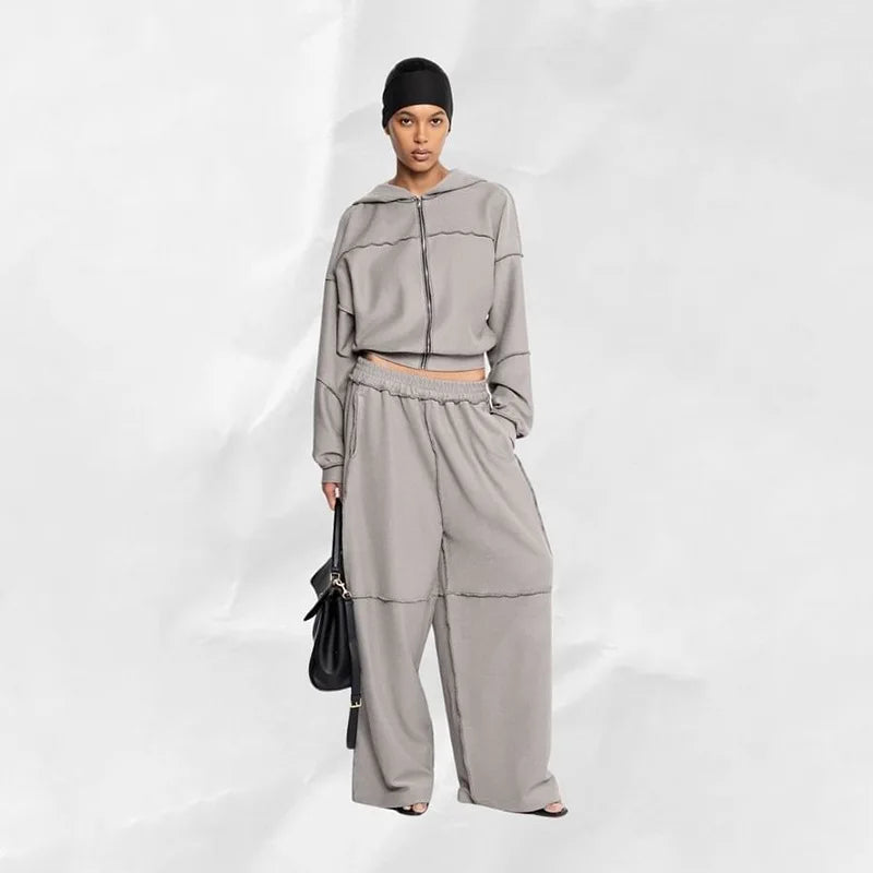 DSMTRC Autumn Winter Outfits High Street Lady Brown Suit Zipper Full Sleeve Hoodies+Low Waist Pants 2Pcs Tracksuit for Woman New