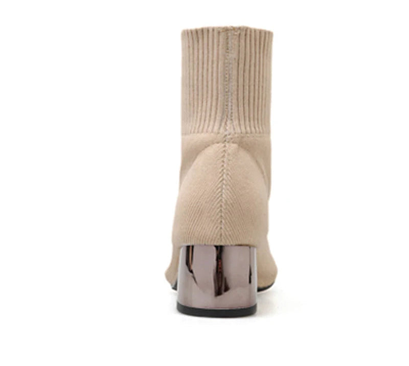 Eilyken Fashion Knitted Stretch Fabric Sewing Women Ankle Boots Square Heels Winter Pointed Toe Ladies Sock Booties