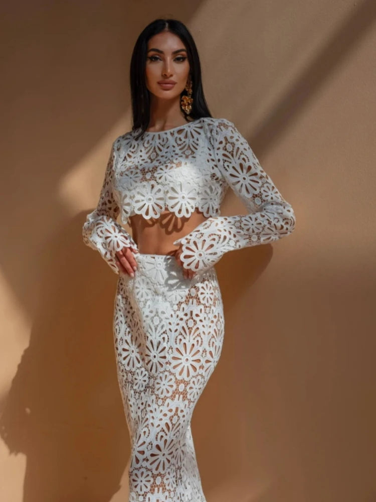 White Elegant Embroidery Hollow Out Beach Dresses Set Sexy See Though Crop Tops Long Skirts Women Sets Summer Women Outfits