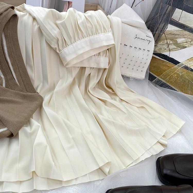 2024 Women Elegant Pleated Skirt High Waist Women Mid-long Skirt Female Ladies High Quality Women Midi Skirt Black Saia