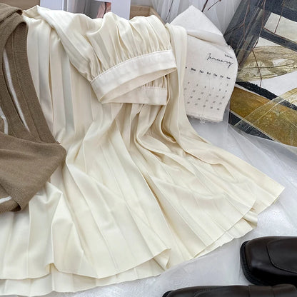 2024 Women Elegant Pleated Skirt High Waist Women Mid-long Skirt Female Ladies High Quality Women Midi Skirt Black Saia