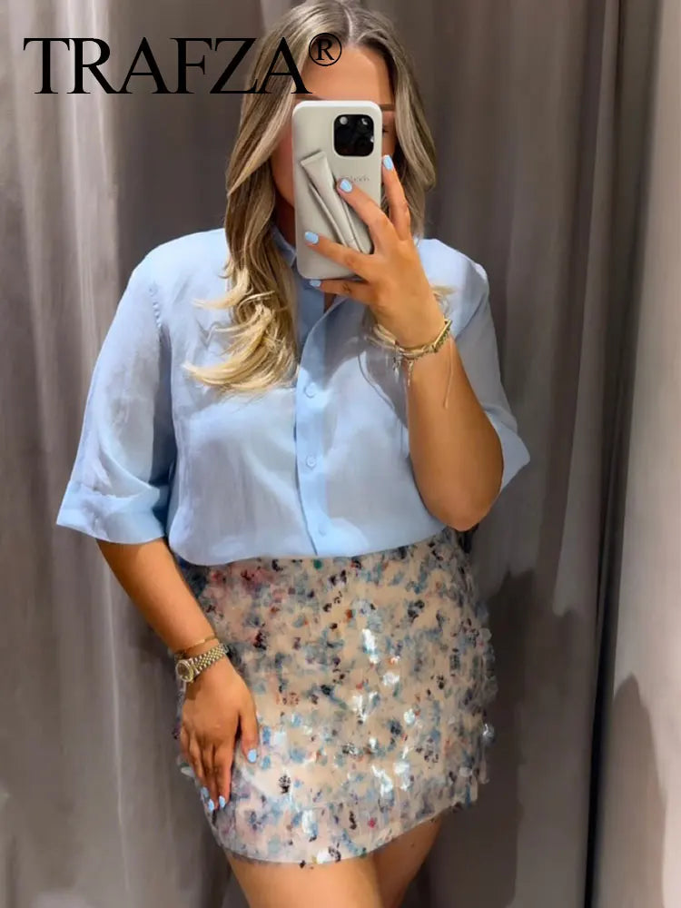 Trafza Sexy Woman Sequins Falda de cintura alta versátil Mini faldas delgadas Zipper 2025 Summer Beach Style Skirt Y2K