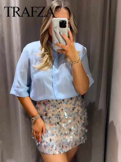 Trafza Sexy Woman Sequins Falda de cintura alta versátil Mini faldas delgadas Zipper 2025 Summer Beach Style Skirt Y2K