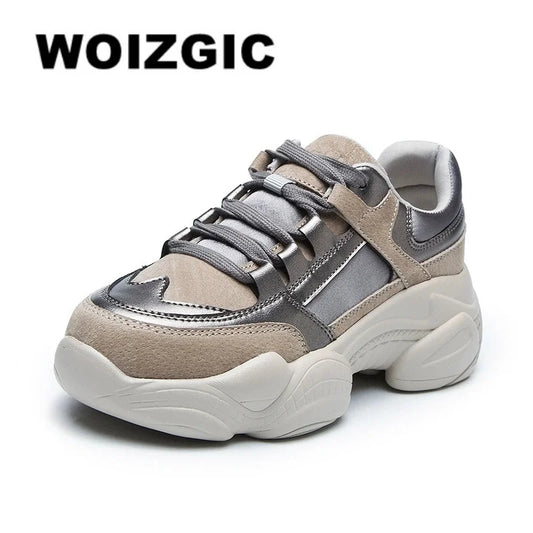 WOIZGIC Women's Female Ladies Genuine Leather Shoes Platform Lace Up Korean Sports Spring Autumn Breathable Vulcanized Shoes