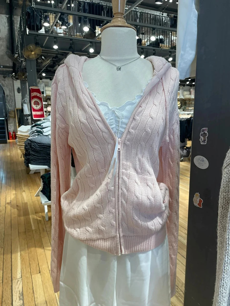 Cardigans de malha rosa de flor torcido Mulheres Autumn Capuzes Capuz Zipper suéter sólido Súlito doce solto casacos y2k