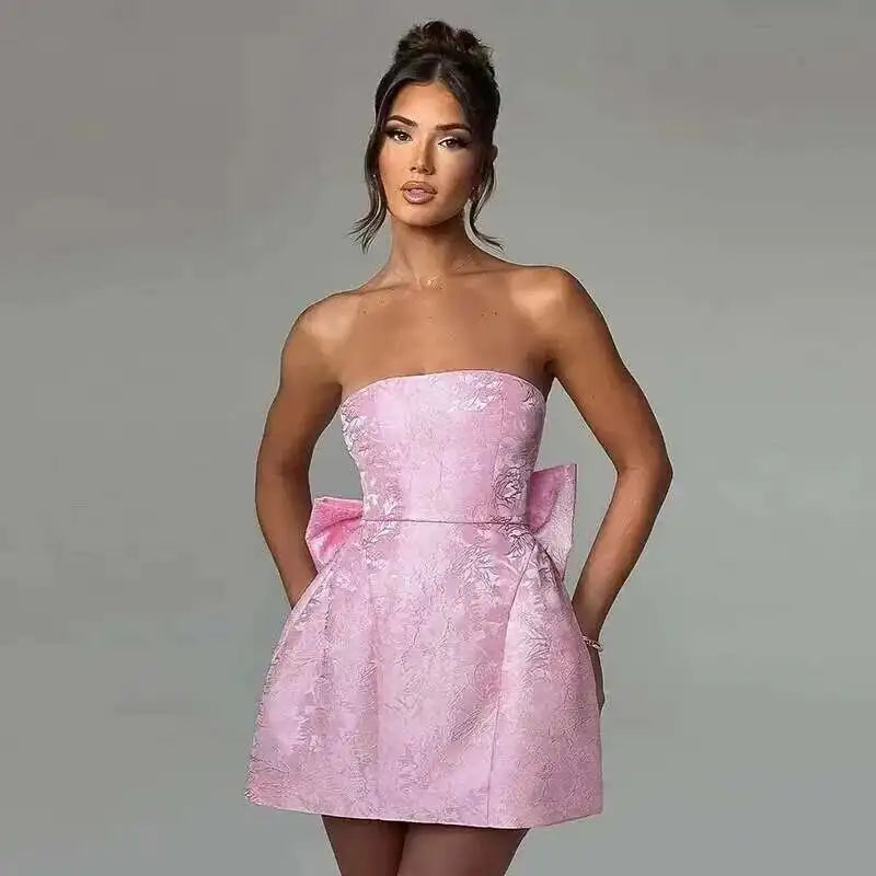 Townlike Jacquard Waist Wrap A-line Dress Women Mini 2024 Spring Summer Dress Elegant Bow Backless Sexy Party Dresses