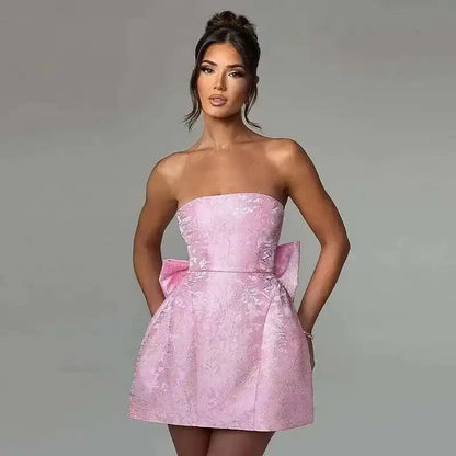Townlike Jacquard Waist Wrap A-line Dress Women Mini 2024 Spring Summer Dress Elegant Bow Backless Sexy Party Dresses