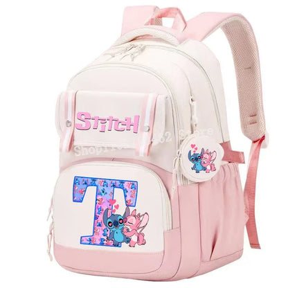 Stitch Angel Backpack Girls Disney Anime Letter A-Z Schoolbags Student School Shoulders Bag Outdoor Sport Travel Rucksack Gift
