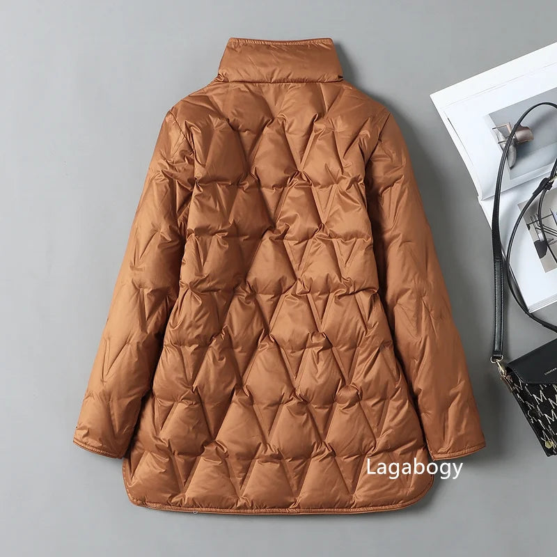 Lagabogy 2025 New Autumn Winter Women Ultralight White Duck Down Long Jacket Female Single-Breasted Double Sided Puffer Coat